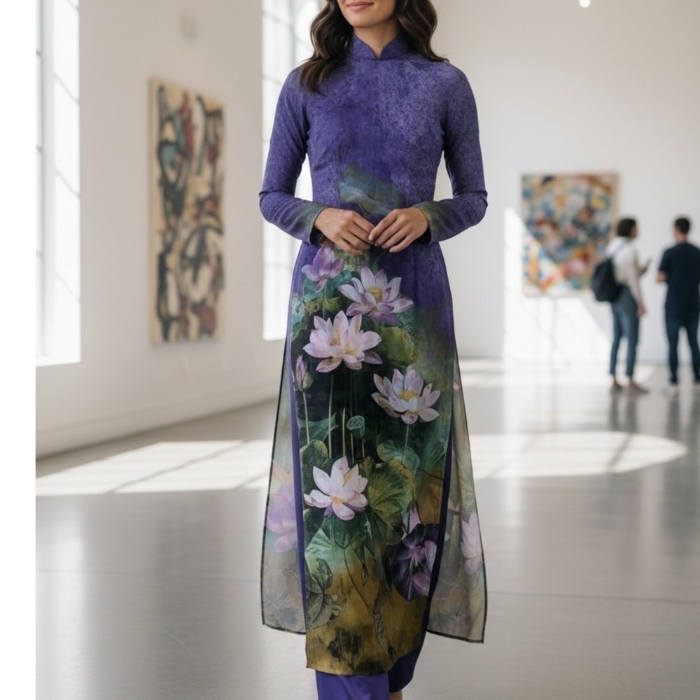 Purple Lotus Print Ao Dai Vietnamese Traditional Dress Long Tunic Floral Purple
